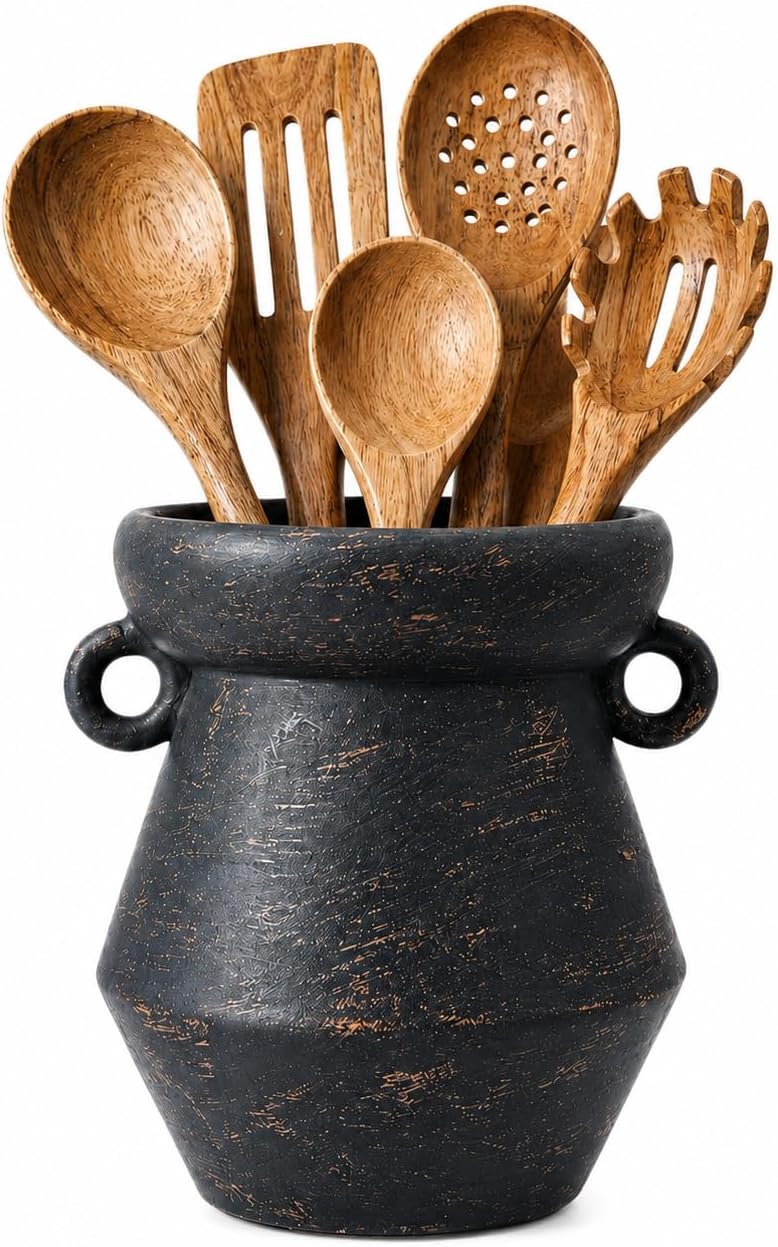 Rustic Utensil Holder for Kitchen Counter, 7.4” Tall x 6.2” Wide Farmhouse Ceramic Utensil Crock, Vintage Black Gold Stoneware Jar, Large Kitchen Utensil Holder, Housewarming Gift