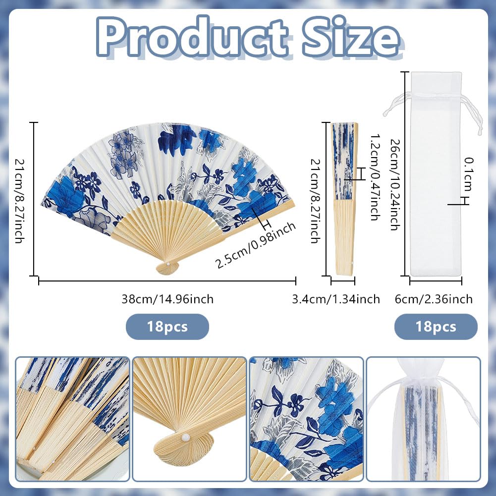 OLYCRAFT 18 Sets Weiße Chinoiserie Bedruckter Handfächer mit Organza Beutel Blaue Blume Porzellan Faltbarer Handfächer Retro Handfächer Handfächer Großpackung für Tanz Cosplay Hochzeitsfeier
