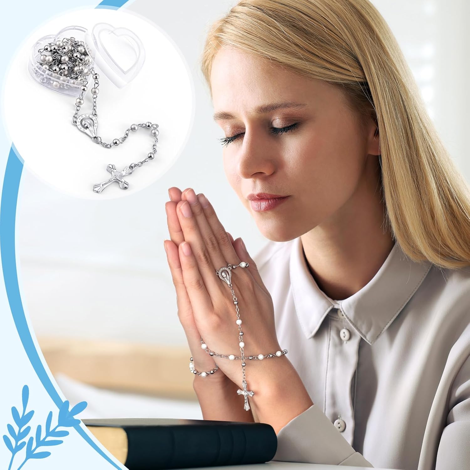 ROCEEI Catholic Rosary Necklace 4 mm Glass Beads Rosary Favors Crucifix Prayer with Faux Pearl with Heart Shaped Box and Organza Bag for First Communion Baptism
