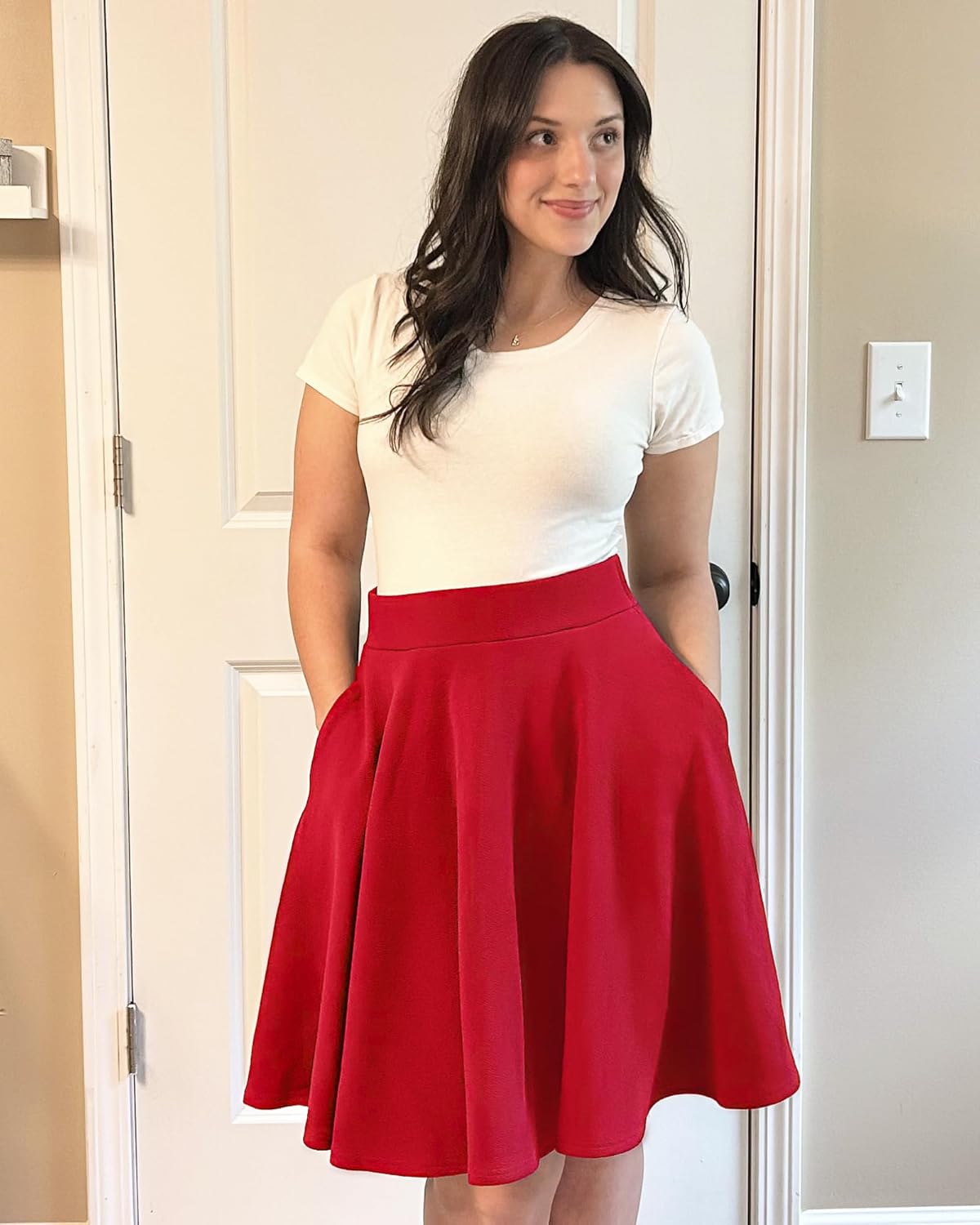 STELLE Women's 21" Knee Length Skirts with Pockets Casual Basic Midi Skirt Stretchy High Waisted Skater Flared Pleated - Image 2