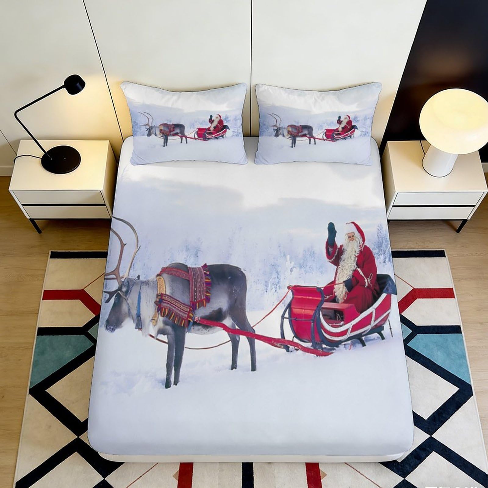 3D Printed Santa Sleigh Fitted Sheet Microfiber Soft Winter Reindeer Bed Cover for Bedroom Dorm Mattress Protection Decor 140x200x25cm