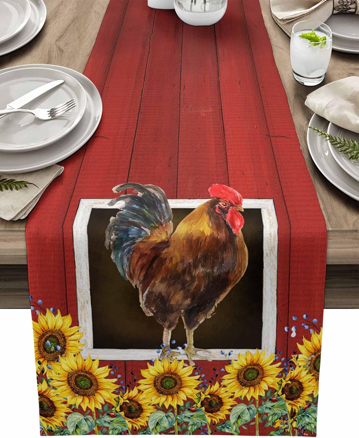 T&H XHome Dining Table Runner Dresser Scarf Linen Burlap Fabric,Farm Red Barn Chicken with Sunflower Washable Table Runners 120 Inches Long for Farmhouse Home Kitchen Wedding Party Decor