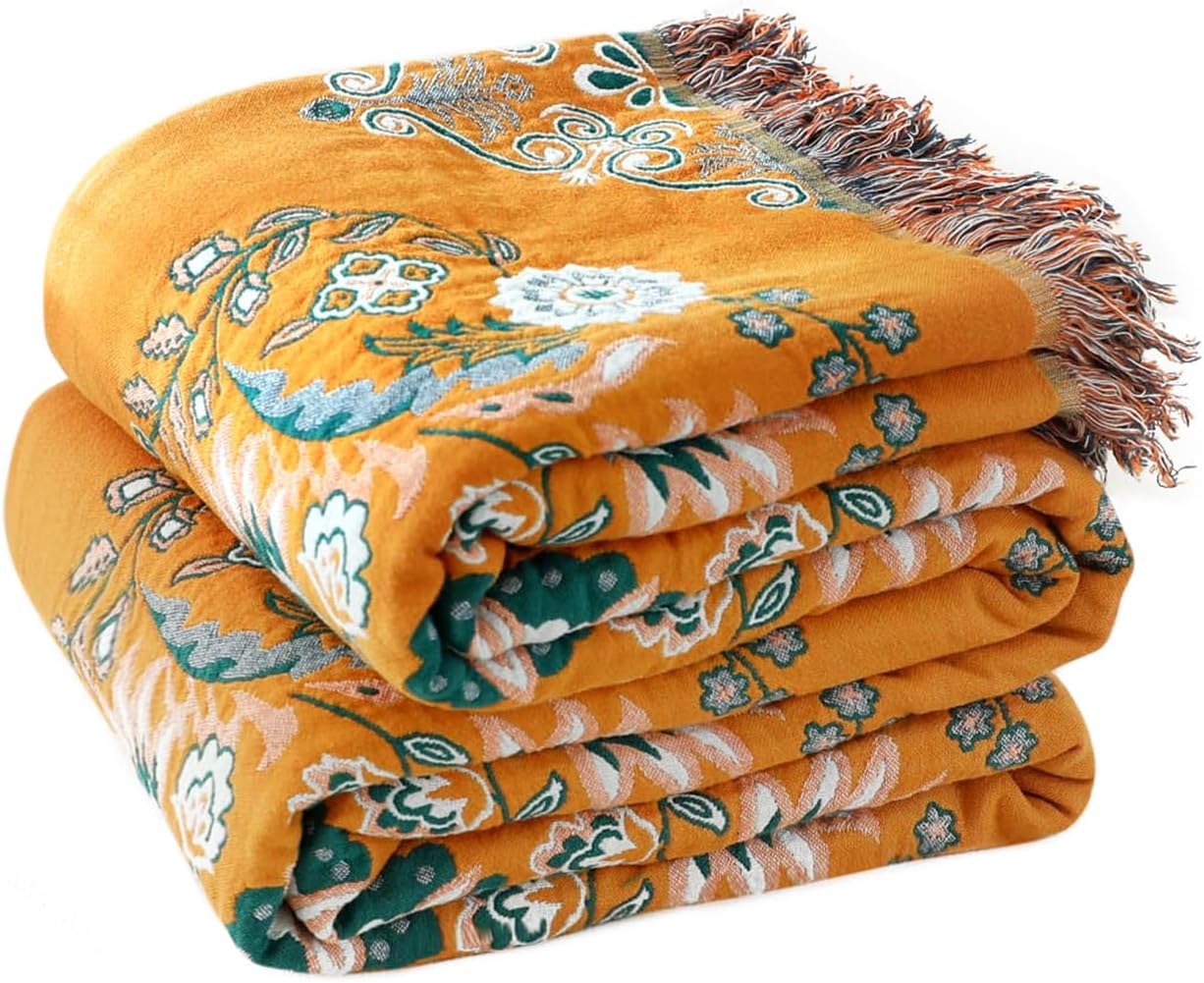 Boho Throw Blanket for Bed 100% Cotton Soft Lightweight Quilt Floral Embroidery Home Decor Breathable Bed Blanket,80"ร90" All Season Reversible Yellow Blankets for Sofa Couch Chair