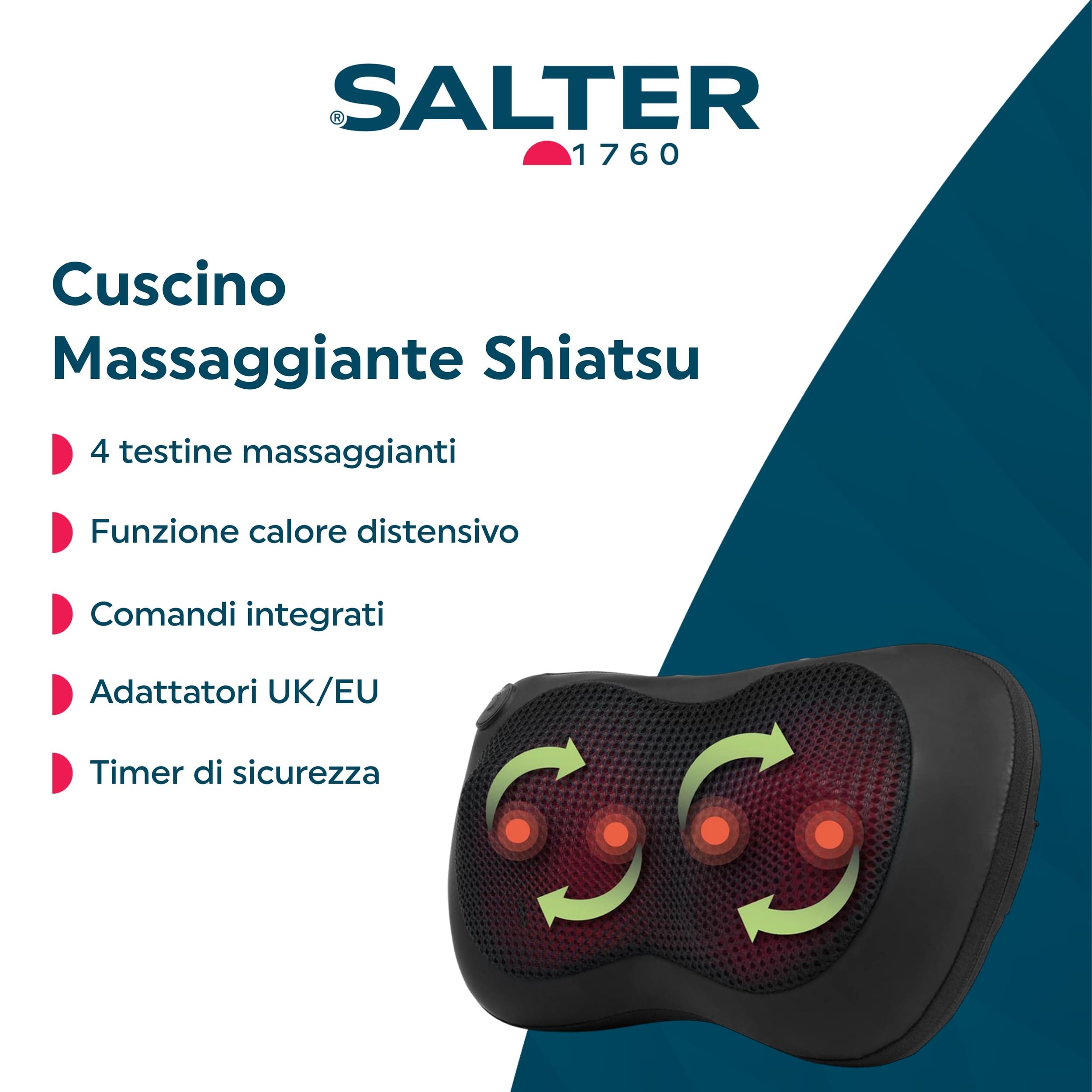 Salter EE6936BLKSTKEU7 - Cuscino per profondo e avvolgente massaggio Shiatsu con calore distensivo spalle, collo, schiena, zona lombare e gambe, 4 testine, adattatori UK/EU, comandi integrati, timer