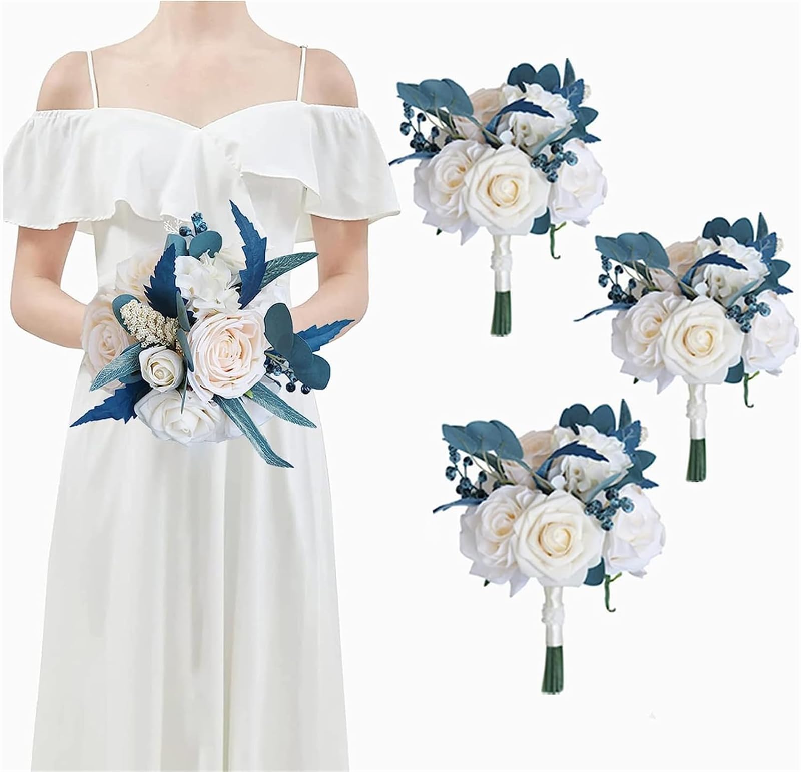 CHAKEUZND Bridal Wedding Bouquets， 7in Wedding Bouquets for Bridesmaids 3 pcs,Champagne Rose Bridesmaid Bouquets for Wedding, Artificial Flowers Tossing Bouquet