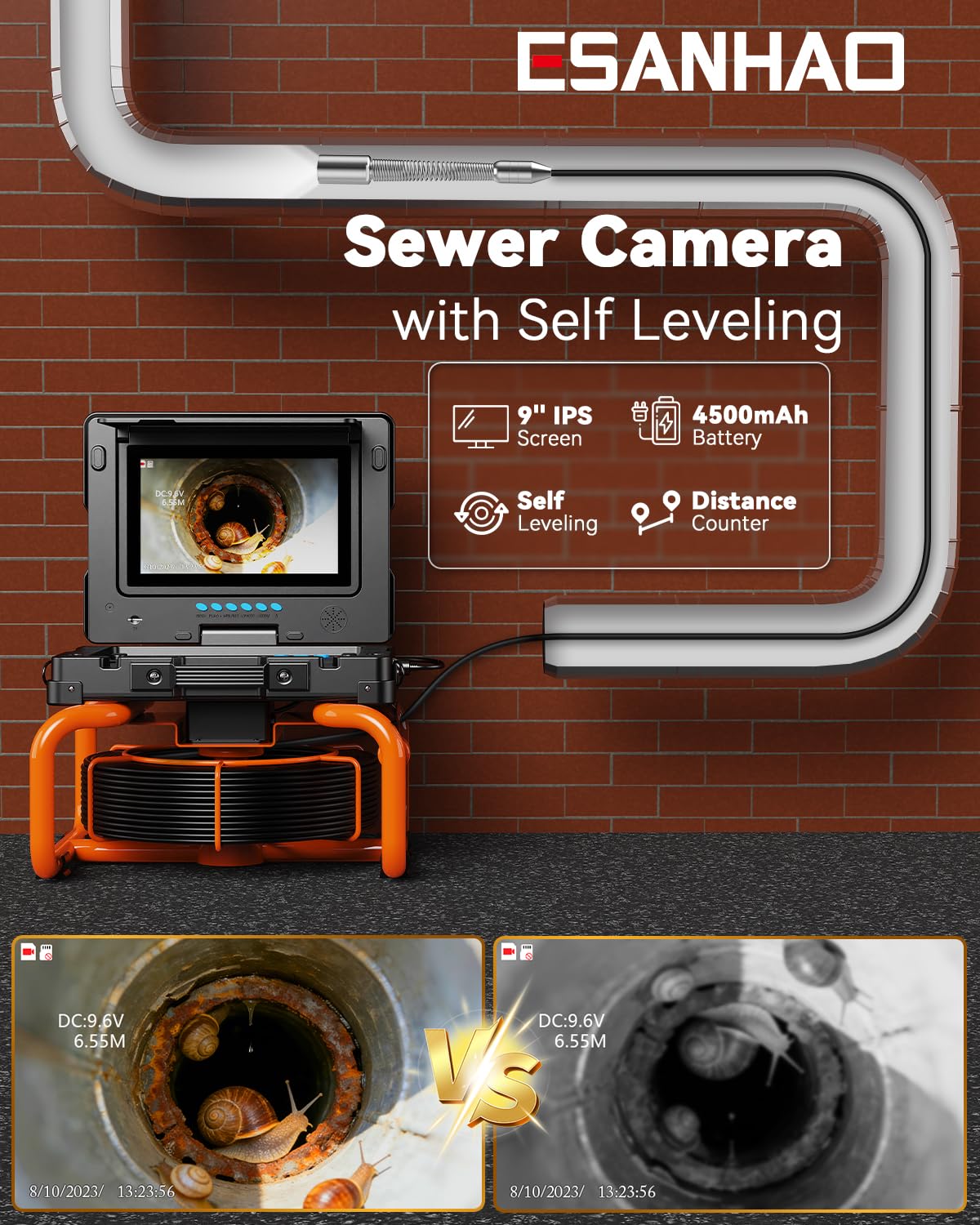 Telecamera Ispezione Tubazioni con Schermo IPS 9'', Camera Fognature Autolivellante con Contatore Distanza, HD 1080P Endoscopio per Tubi con Registrazione Video e Audio, 32 GB (9''-23MM/100FT)