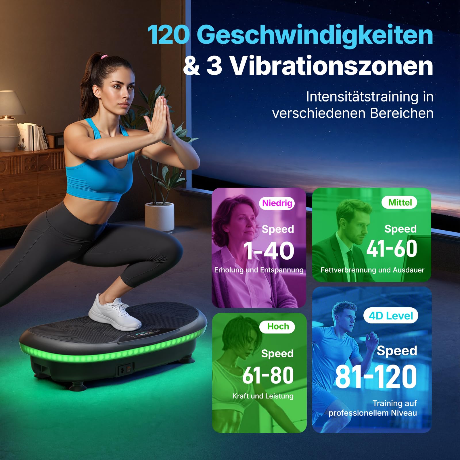 MERACH 4D Vibrationsplatte mit 7 Vibrationsmodi, 120 Geschwindigkeitsstufen, 5 Intelligenten Programmen, Integriertem Bluetooth-Lautsprecher und Umgebungslicht