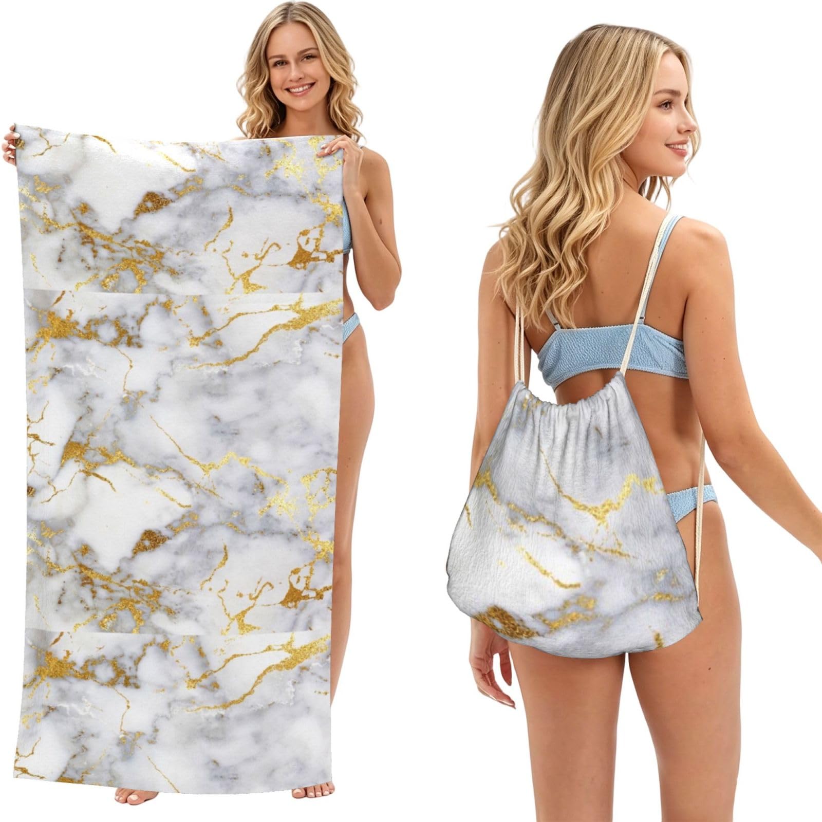 Poadnly As Picture Italian Gold Marble, 2 In 1 Packable Towel Bag, Beach Towels With Drawstring Backpack For Travel Holiday Camping