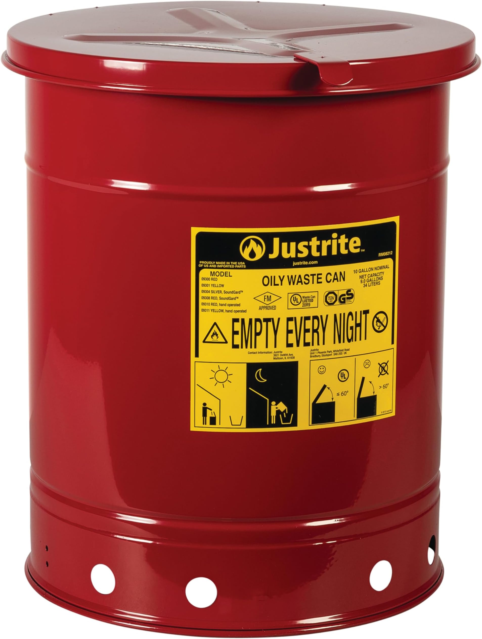 JUSTRITE 09310 Oily Waste Can, 10 Gal, Steel, Red