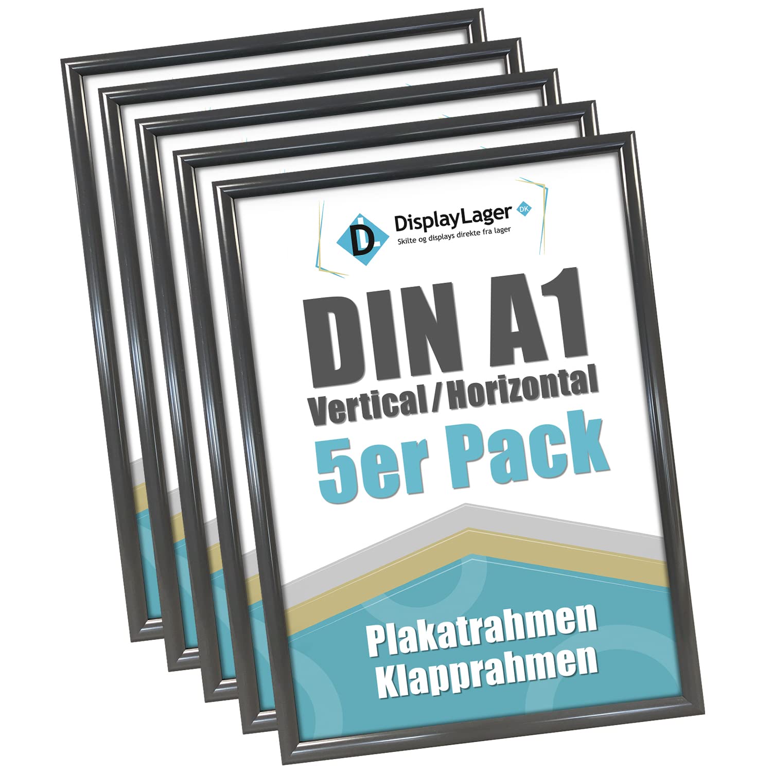 DisplayLager - Pack of 5 anthracite grey DIN A1 folding frame with 25 mm aluminium profile, anti-reflective protective disc, mounting material