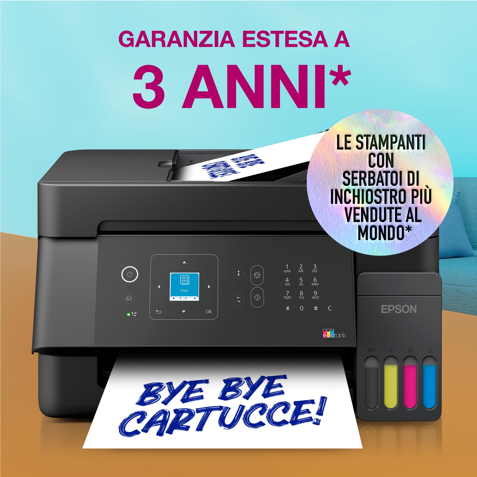 Epson EcoTank ET-4900 | Wi-Fi ed Ethernet | A4 | Stampa, copia, scansione, fax | Display LCD | Alimentatore automatico di documenti da 30 pagine | Compatta | Fino a 3 anni di inchiostro inclusi
