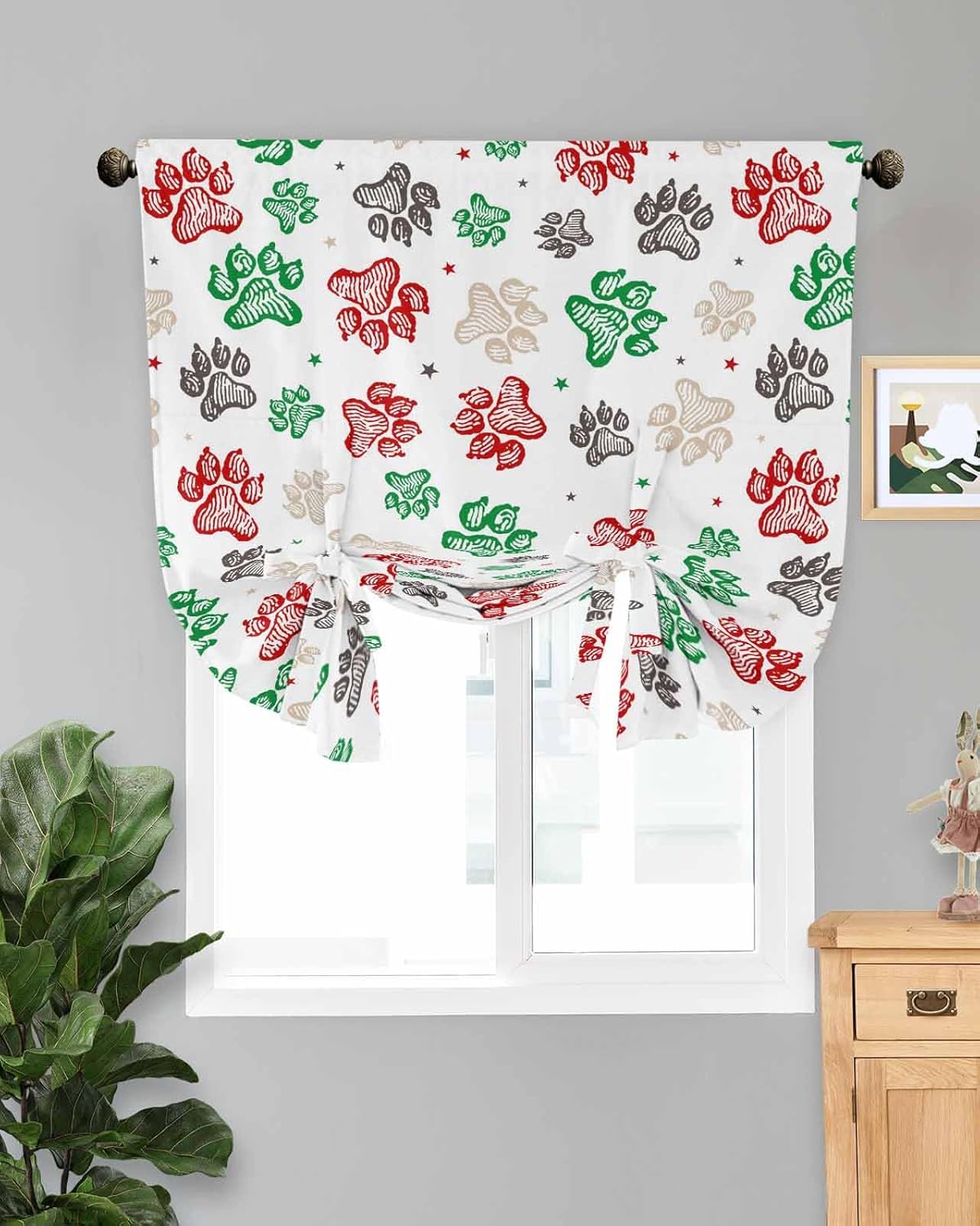 Tie Up Curtains for Windows, Merry Christmas Adjustable Balloon Nature Linen Textured Kitchen Curtain, Xmas Snowflakes Red Green Pets Footprints Blackout Curtains for Living Room, 46 x 63 Inches