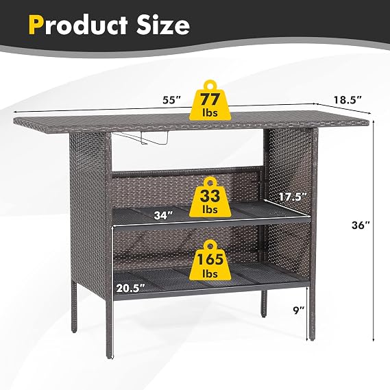 FANTASK Outdoor Wicker Bar, Paito Bar Table w/2 Storage Shelves, 2 Sets of Rails and Condole Cup Holders, Rattan Bar Counter Table for Backyard, Poolside, Garden