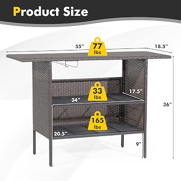FANTASK Outdoor Wicker Bar, Paito Bar Table w/2 Storage Shelves, 2 Sets of Rails and Condole Cup Holders, Rattan Bar Counter Table for Backyard, Poolside, Garden