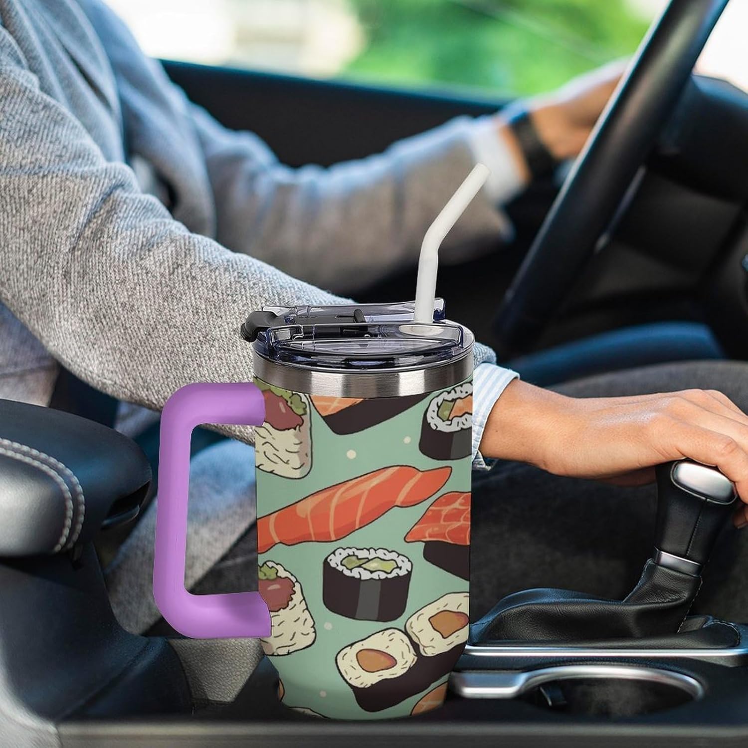 Sushi Food Pattern Tumbler 40 Oz with Handle&Lid Large Car Cup Stainless Steel Vacuum Travel Mug Insulated Water Bottle Leak-proof Portable Coffee Cup for Home Car Outdoor
