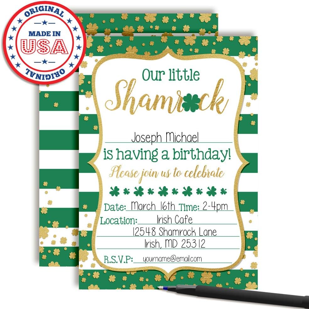 Our Little Shamrock St. Patrick’s Day Birthday Party Invitations, 20 5x7 Fill In Cards with Twenty White Envelopes by AmandaCreation