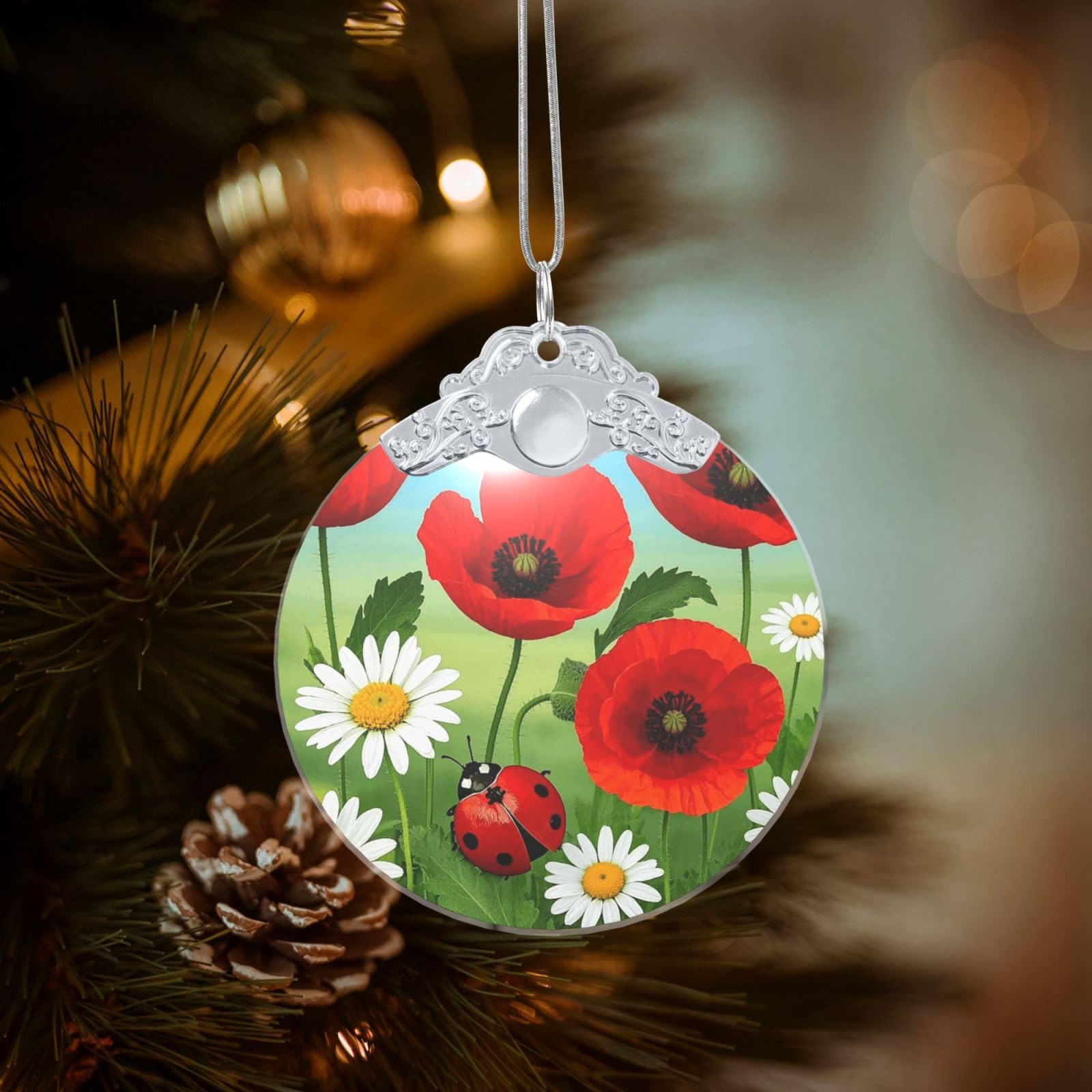Crystal Christmas Ornaments for Christmas Tree Decoration Hanging Chamomile Ladybug and Daisy Ornament with Gold Ribbon Crafts Round Pendant for Keepsake Gifts Glass Xmas Decor Party Supplies