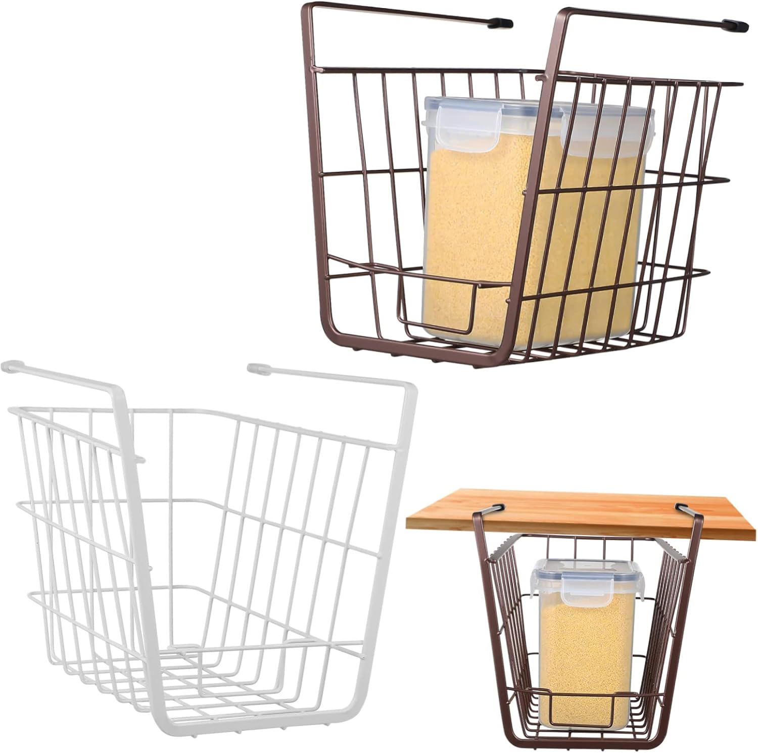 2 Pcs Under Shelf Storage Baskets with Double Hooks Iron Wire Hanging Organizers for Kitchen Pantry Bathroom Bookshelf Cabinet Organization