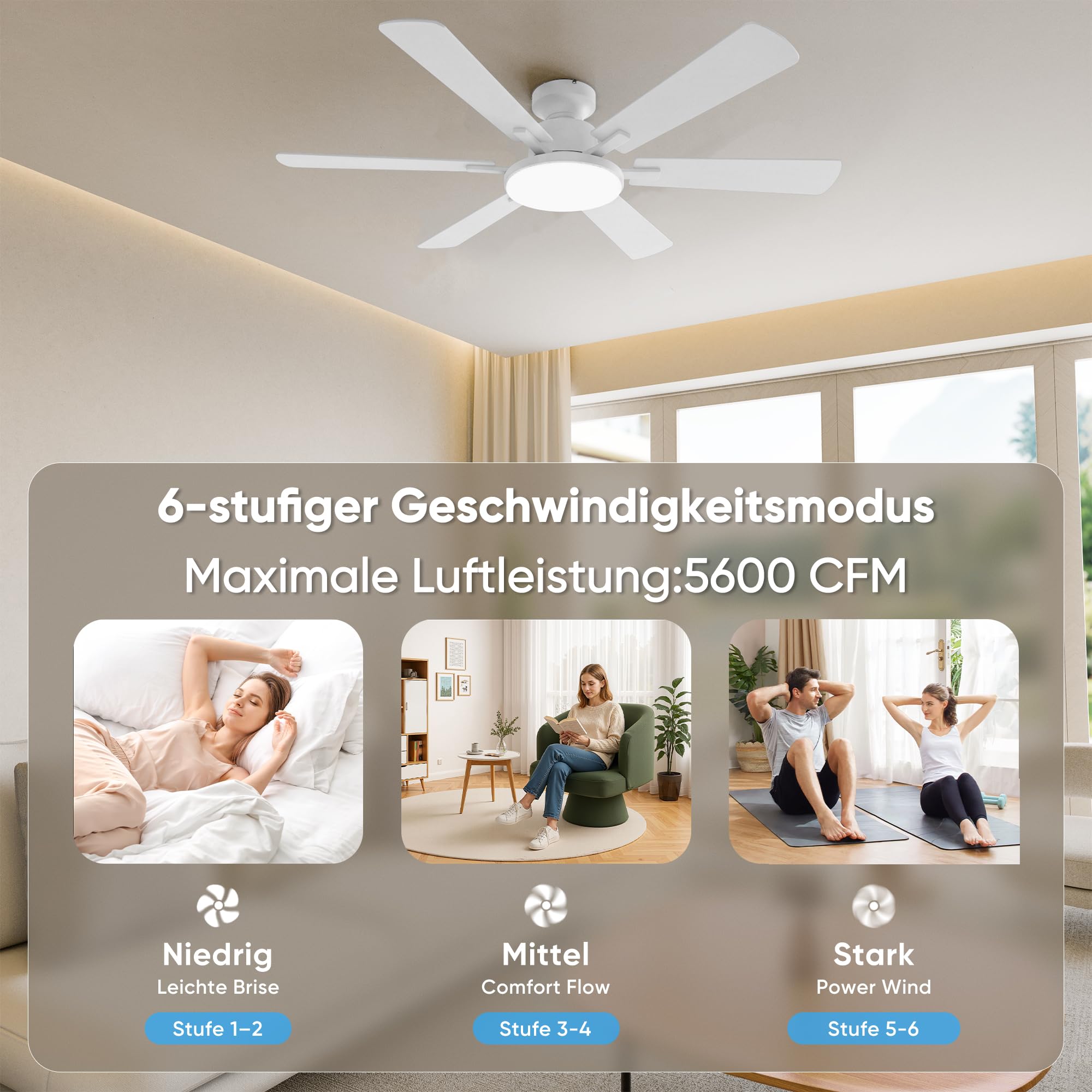 Deckenventilator mit Beleuchtung 132cm 6 Blätter Deckenventilator mit Fernbedienung 6 Gänge Ultraleiser Reversibler Gleichstrommotor 3CCT Dimmbare LED Doppelseitige Flügeln für Schlafzimmer (Weiß)