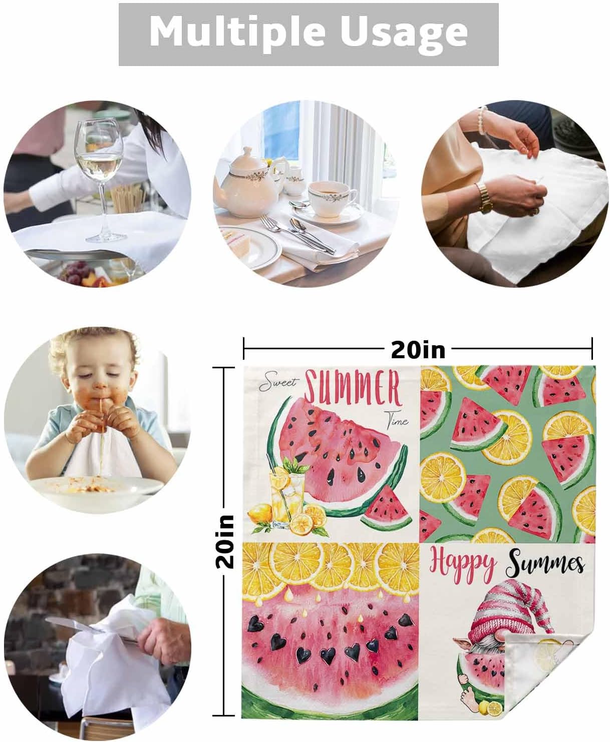 Summer Watercolor Lemon Watermelon Cloth Napkins Set of 8,Reusable Washable Napkins Cloth, Pink Cute Gnome Table Dinner Napkins for Kitchen Wedding Parties