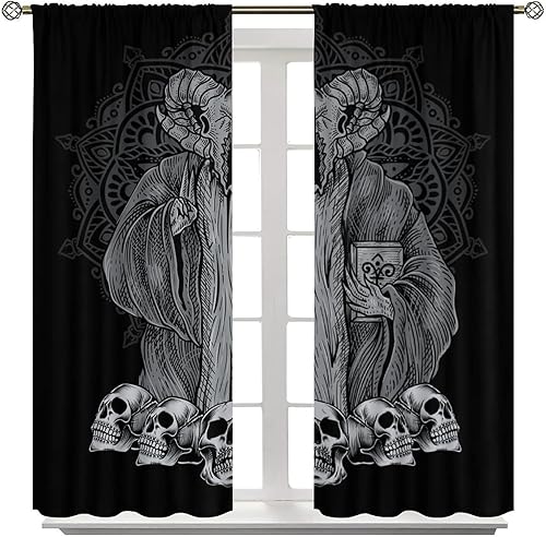 Vista 242 de Cortinas de cabeza de cabra, misteriosa cabeza de cabra malvada, calavera negra, bolsillo para barra, cortinas opacas para ventana, juego de 2