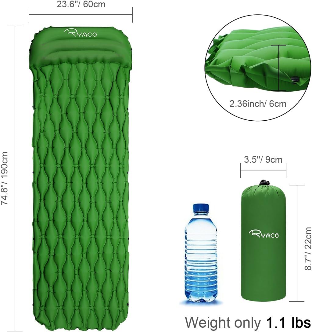 Ryaco Ultralight Sleeping Pad, Inflatable Sleeping Air Mattress Pad with Attached Pillow, Lightweight Compact Mat for Hiking Camping Backpacking Travel Beach and Outing