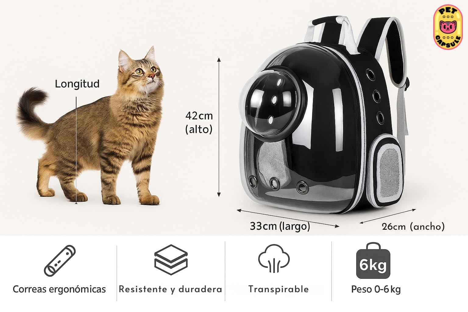 Sac à dos capsule pour animaux de compagnie | Sac à dos bulle transparent pour chats et petits chiens | Transport respirant approuvé par les compagnies aériennes | Voyages, promenades et
