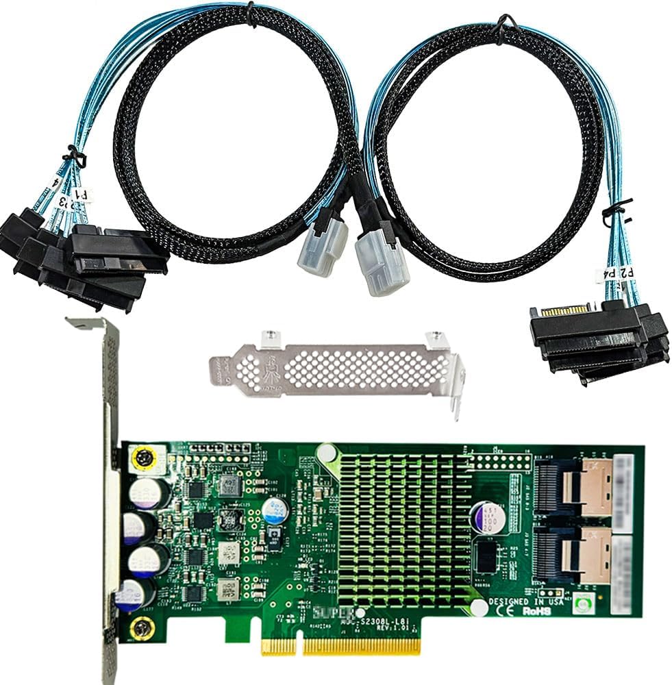 SAS HBA Card Compatible with LSI 9211 & 9207-8i IT Mode PCIe SATA Expansion Card, 8-Port 6Gbps PCIe 3.0, Expander Support, HBA Controller with 2X SFF-8087 to 4X 8482 SAS Cables for TrueNAS unRAID NAS
