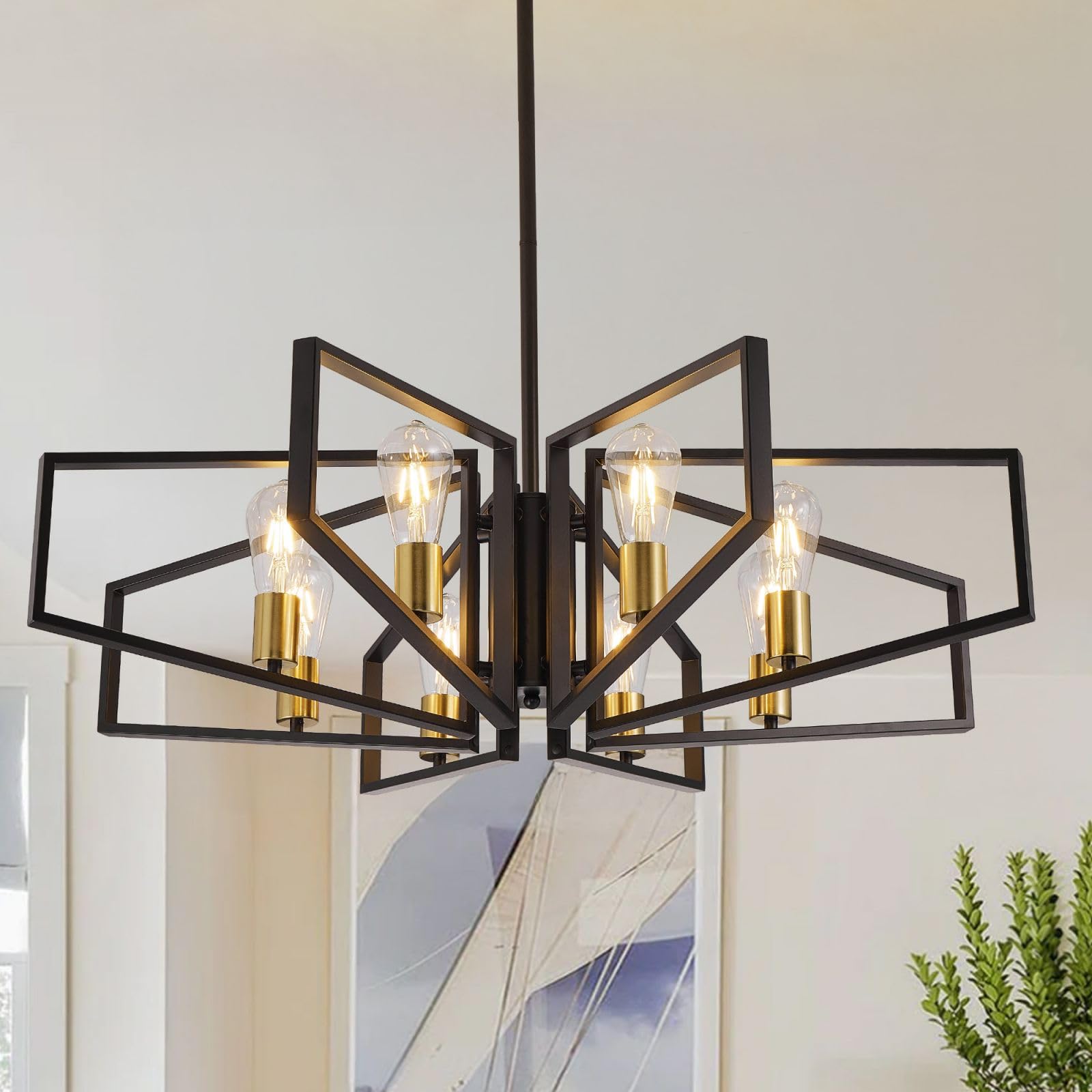 Black and Gold Chandelier, 8-Light Farmhouse Dining Room Light Fixture, Geometric Pendant Lights Kitchen Island, Modern Industrial Chandelier for