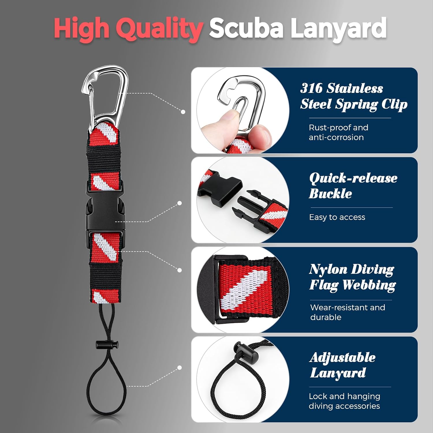 2 PCS Scuba Diving Lanyard with Heavy Duty Stainless Steel Snap Clip