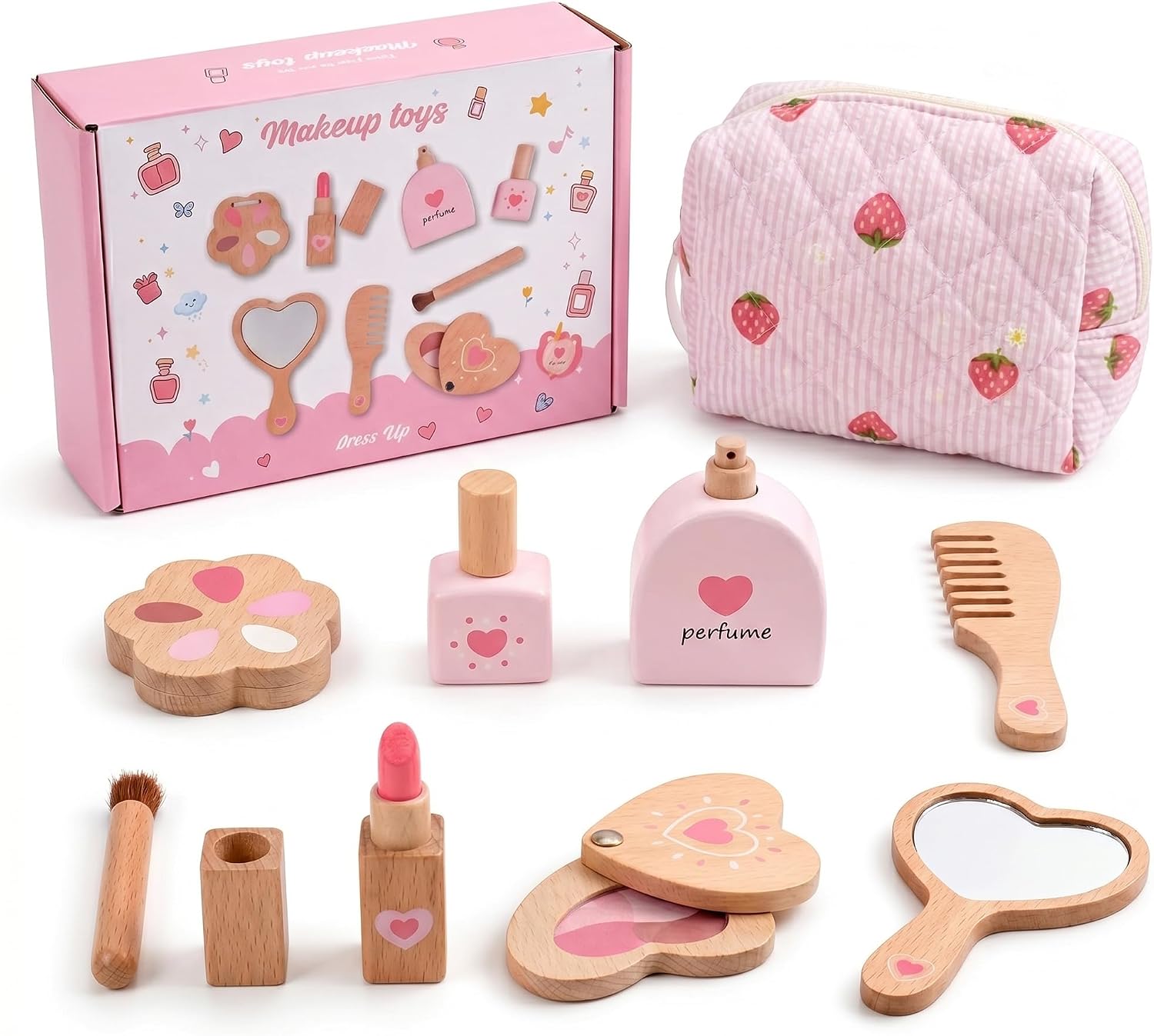Wooden Pretend Makeup Kit for Toddlers, Non-Toxic Kids Fake Play Make Up Toy Set, Lipstick Perfume Blush Nail Polish Mirror Brush Comb in 1 Bag, Birthday Gift Little Girls Age 2 3 4 5 6 Year Old