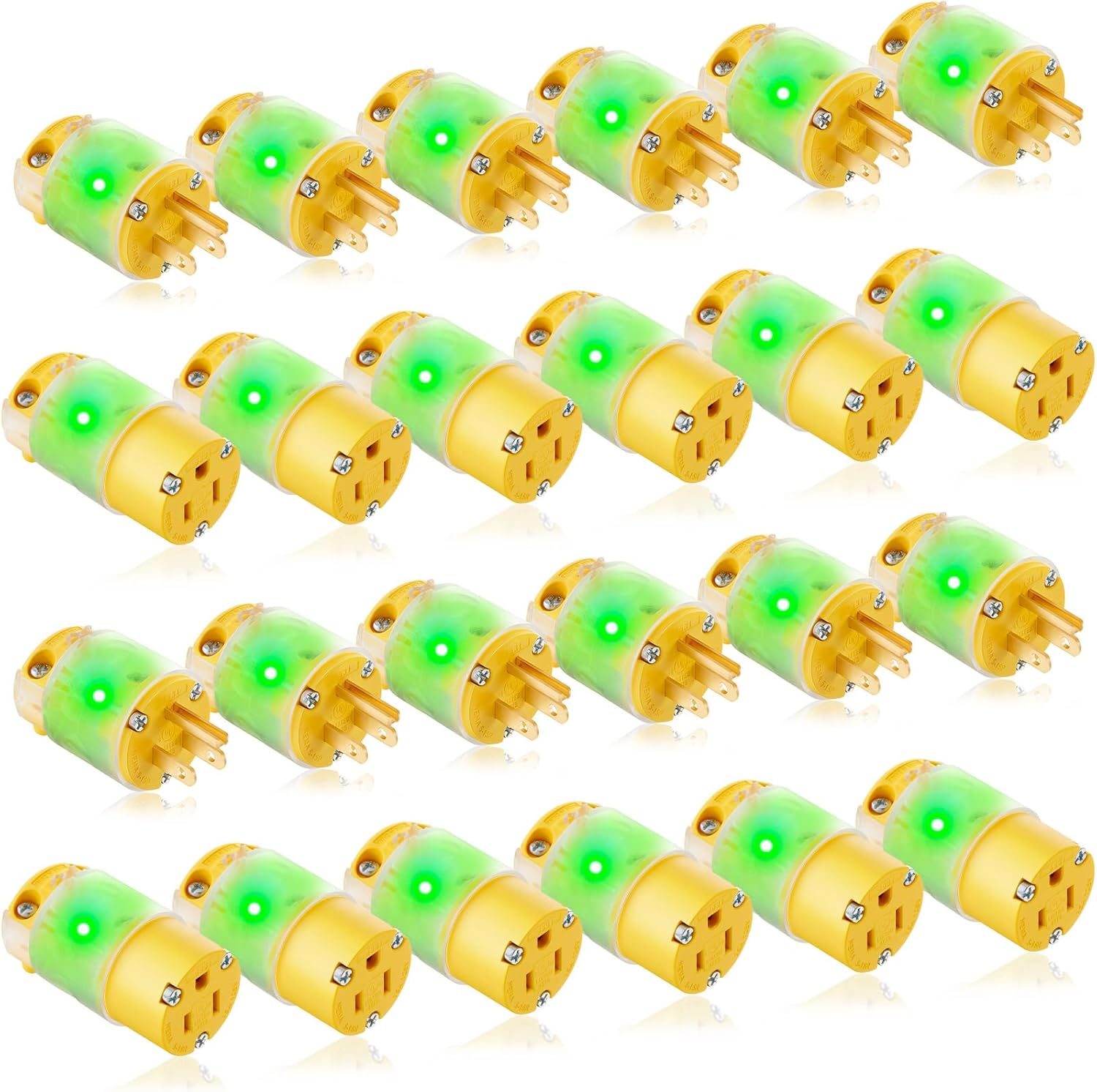 Flutesan 12 Set 24 Pcs Lighted Plug and Connector Set Straight Blade Cord End Replacement 15A 125V Compatible with NEMA 5-15P and 5-15R 2 Pole 3 Wire Grounding Extension Cord Replacement Ends (Yellow)