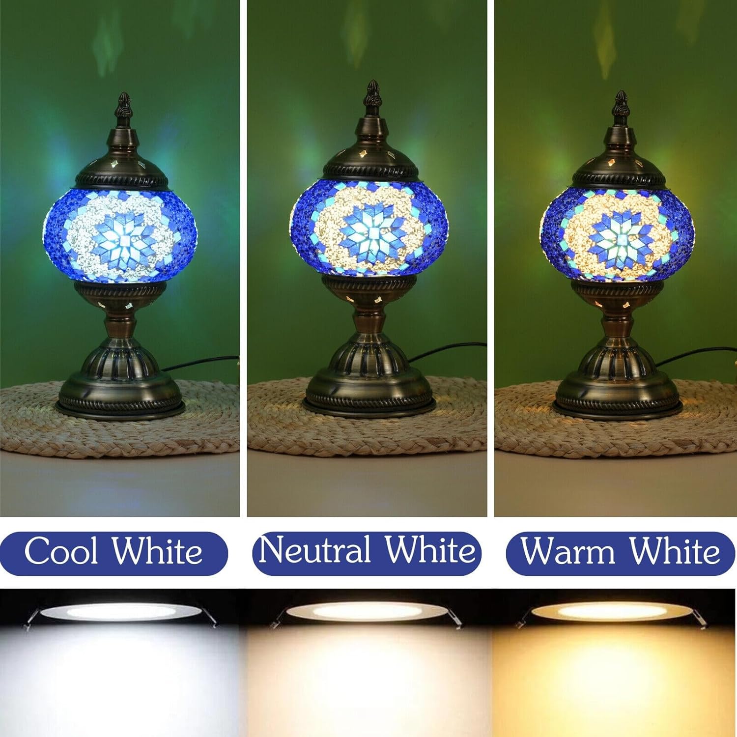 Turkish Moroccan Mosaic Table Lamp, Handmade Glass Bedside Night Light, 3-Color Adjustable，Metal Base, Decorative Lantern for Bedroom, Living Room - Bulb Included