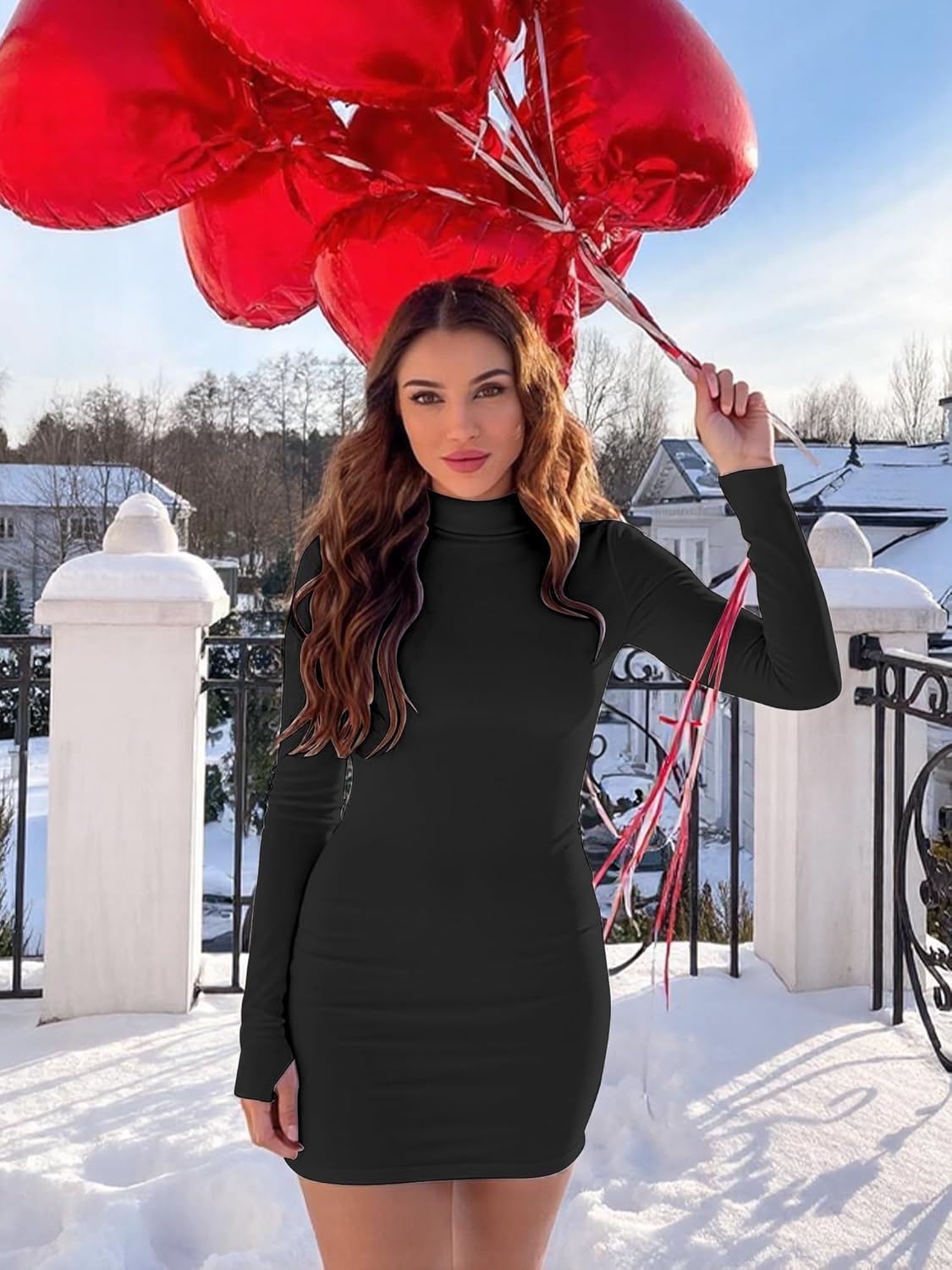 Mizoci Women's Sexy Bodycon Mini Club Dresses Basic Long Sleeve Turtleneck Dress - Image 5