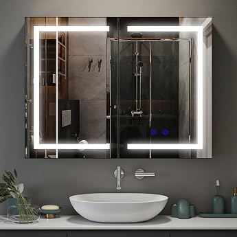 Bathroom Mirror Cabinet with Lighting and Socket 80 x 60 x 15 cm Bathroom Cabinet with Mirror and 2 Doors Adjustable Shelf De-fogging Function Wall Mounting White