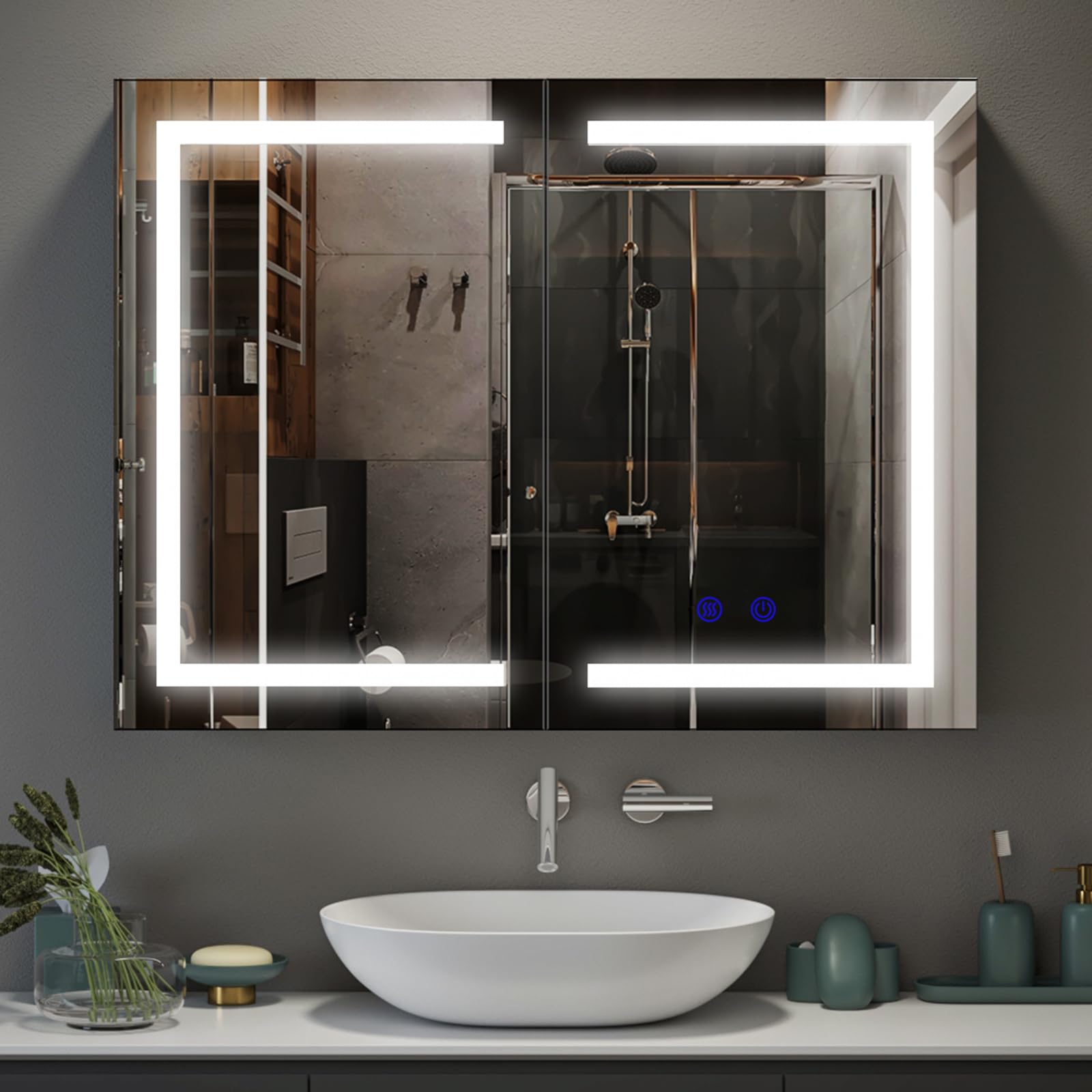 Spiegelschrank Bad mit Beleuchtung und Steckdose, 80x60x15cm, Badezimmer Spiegelschrank mit 3 LED-Lichtfarben dimmbar, Doppeltür, Verstellbares Regal, Antibeschlag, Wandmontage, Weiß