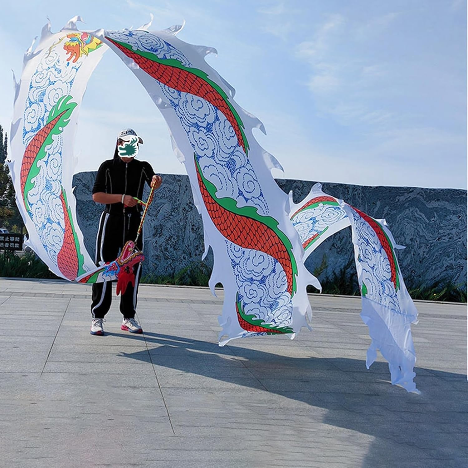 3D Bunter Drachen-Poi-Park, fließender Regenbogen-Satin-Drachen-Poi, Schleudern des Drachens, Spiral-Übungsband-Streame mit Kopf for Jugendliche/Erwachsene/Senioren(White,6m)