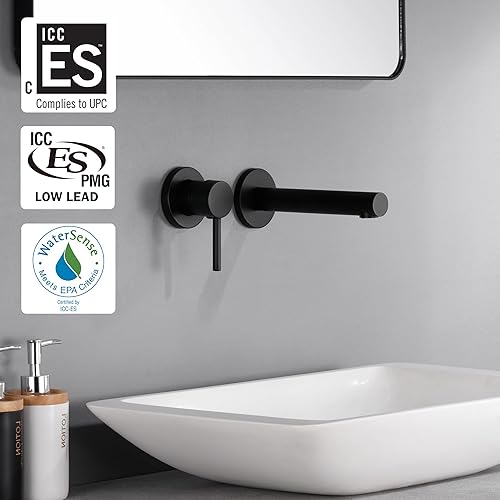 Miniatura 2 de sumerain Grifo de baño de montaje en pared negro mate de una sola manija para zurdos, grifo de lavabo
