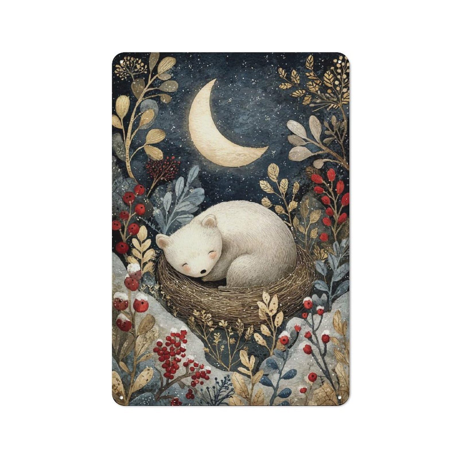 Junmoney Style Tin Wall Plaque 30X20cm With Sleeping Bear Cub Under Crescent Moon For Hallway Wall, Suited To Wall Displays In Hallways And Entrance Areas