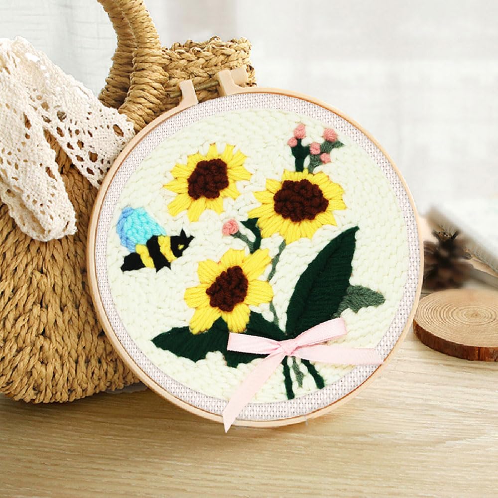 Figured'Art Punch Needle Kit voor Volwassenen en Kinderen - Lieveheersbeestje op een zonnebloem - Perfect voor Beginners. Compleet klaar -om-te-borduren set, maat 20x20 cm met ronde frame