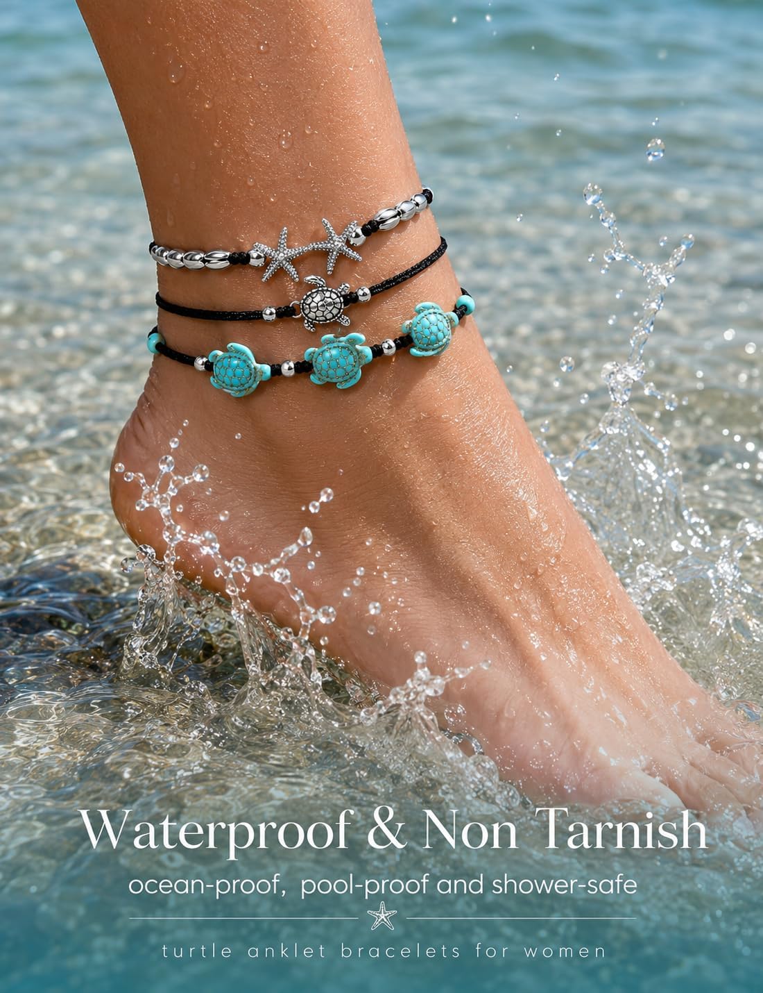 FASACCO 10 PCS Turtle Ankle Bracelets for Women Waterproof Handmade Starfish Sea Turtle Bracelet Adjustable Boho Summer Beach Bracelets for Women Men Bahamas Souvenirs