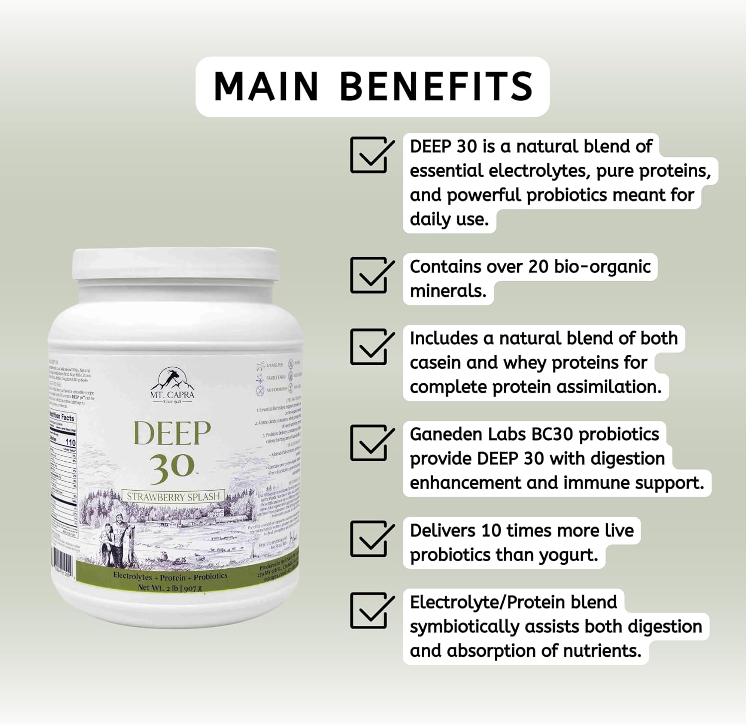 Mt. Capra Deep 30 | Meal Replacement Shake, Goat Protein Powder with Grass-Fed Whey Protein, Casein Protein, Minerals, and BC-30 Probiotics | Strawberry Splash | 30 Servings - 2 Pounds