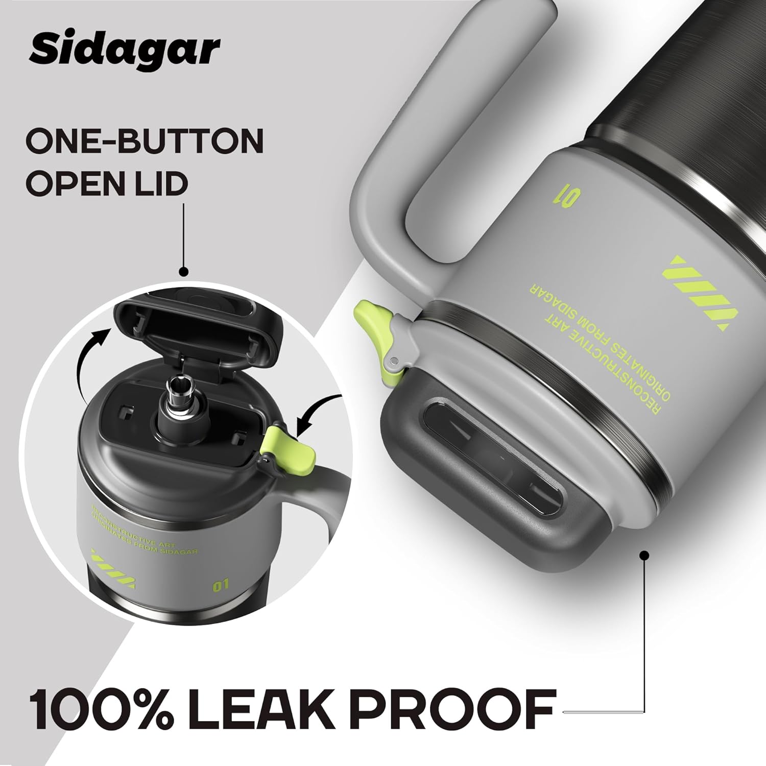 Sidagar 32 oz Large Stainless Steel Insulated Tumbler for Men with Handle, Industrial Style Gaming Mug, Push-button Water Bottle, Gifts for Tech Lovers & Gamers, Fits in Cup Holder - Tactical Grey - Image 2