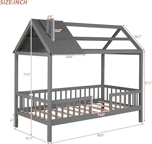 Miniatura 2 de Merax Cama de madera de tamaño individual con valla, techo, barandillas para niñas, niños, marco de cama de casa se puede decorar (gris)