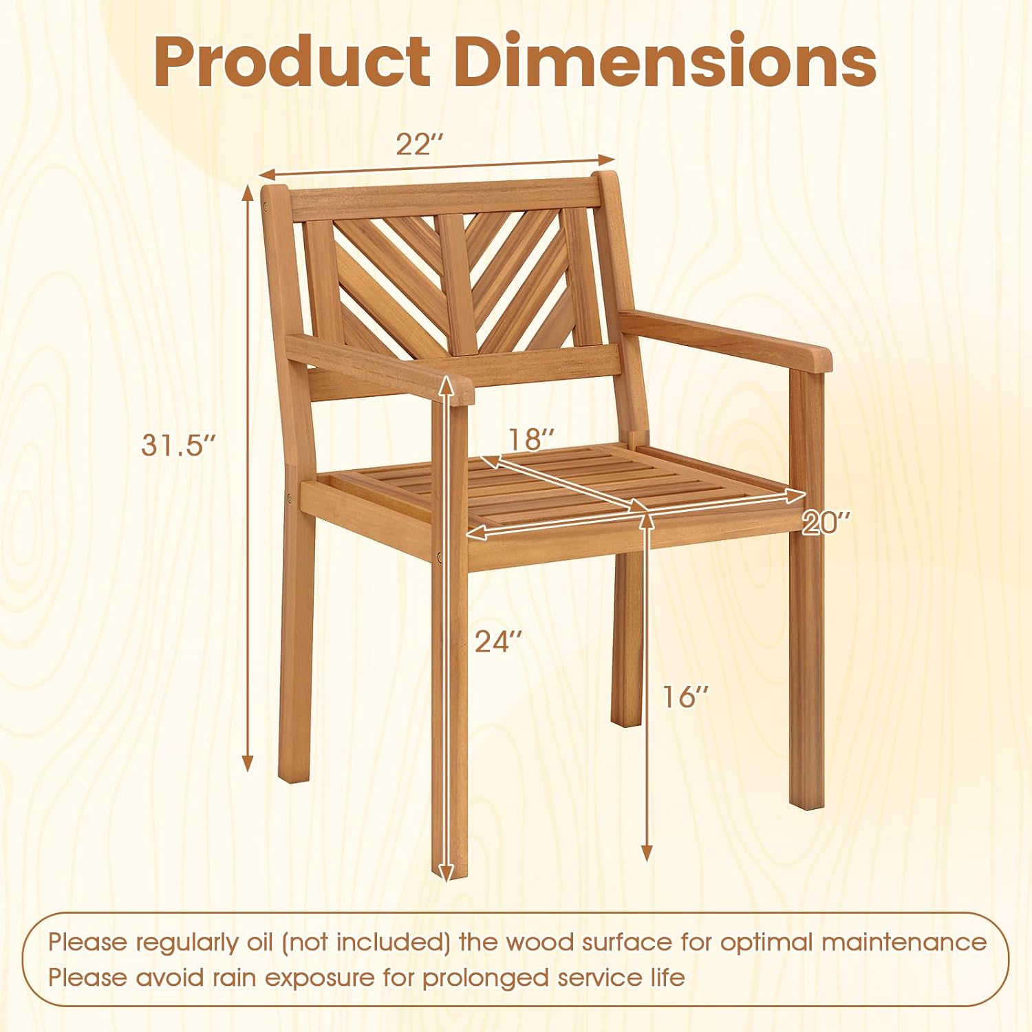 Tangkula Acacia Wood Patio Dining Chairs Set of 4, Outdoor Dining Chairs with 400 lbs Capacity, Teak Finish, Heavy-Duty Wooden Armchairs for Porch, Deck, Backyard & Balcony (4)