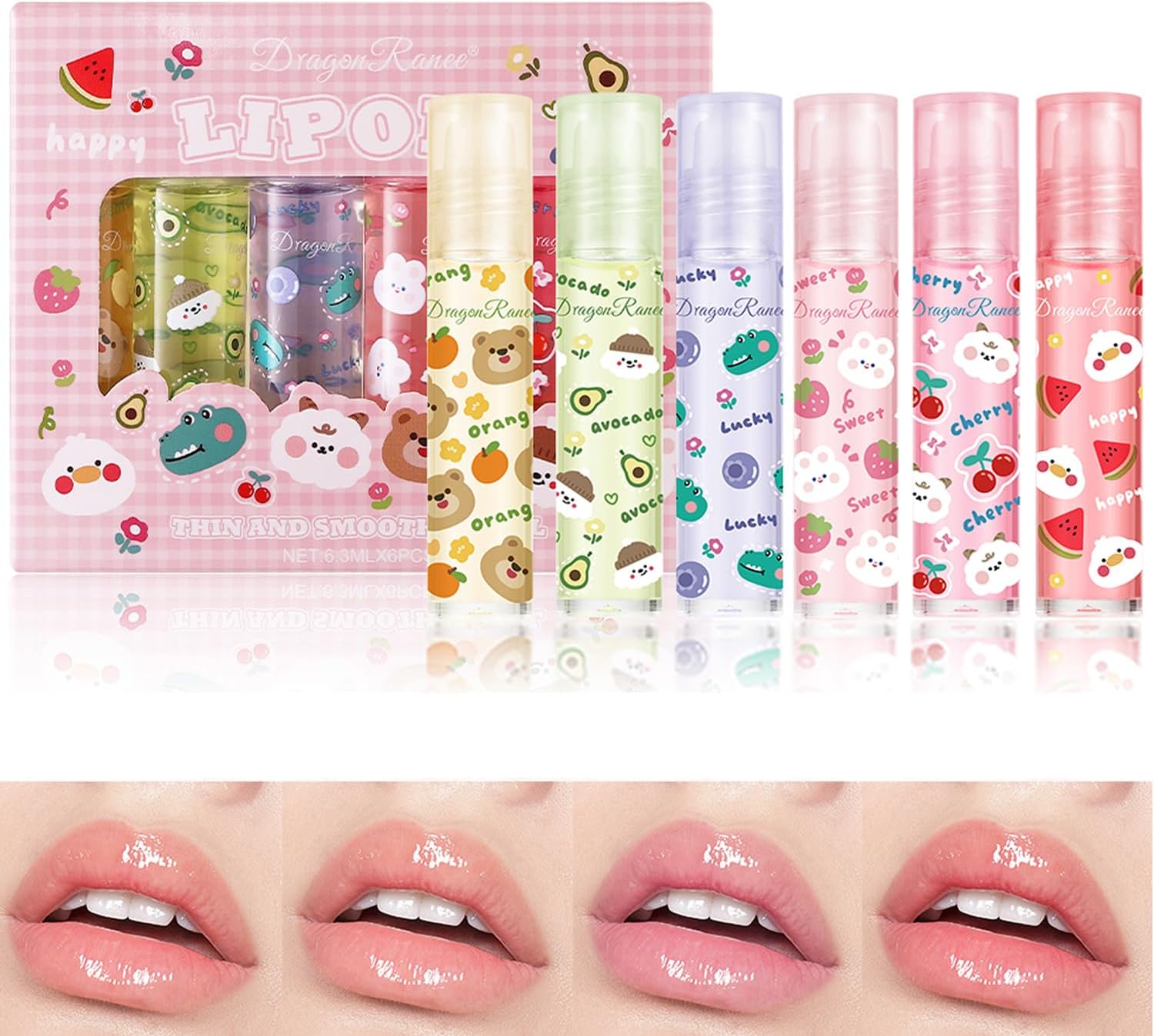 6pcs Lip Gloss Set, Fruit Flavored Moisturizing Lip Balm Lip Oil Set, Lip Plumper Extreme Roll on Lip Oil, Lipstick for Lips Moisturized and Plumper
