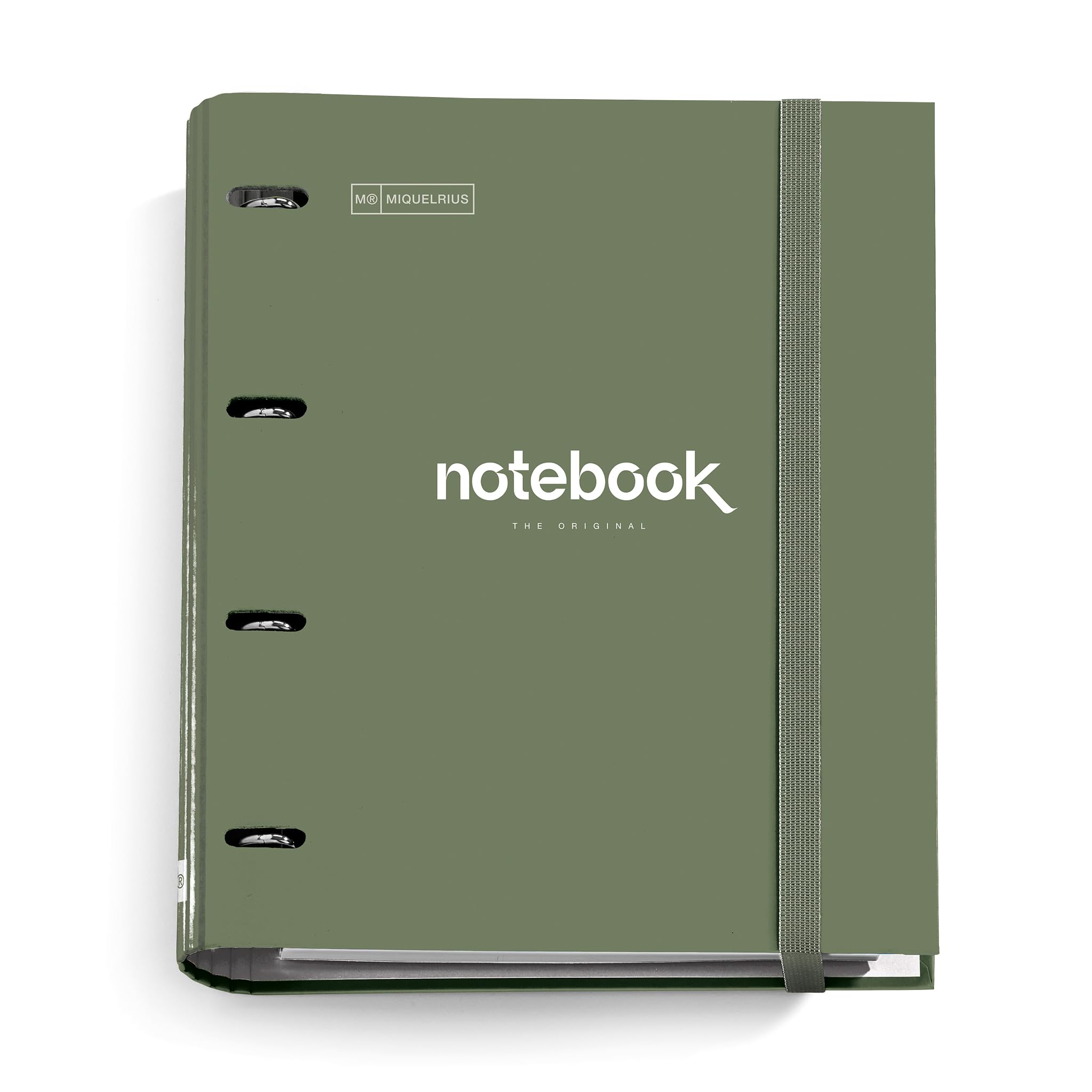 Miquelrius - Carpebloc A4 Emotions, 4 Ring Binder Folder A4 + Refill Squared Sheets, 90 g/m² Paper, Rubber Closure, Carpenter Green Khaki