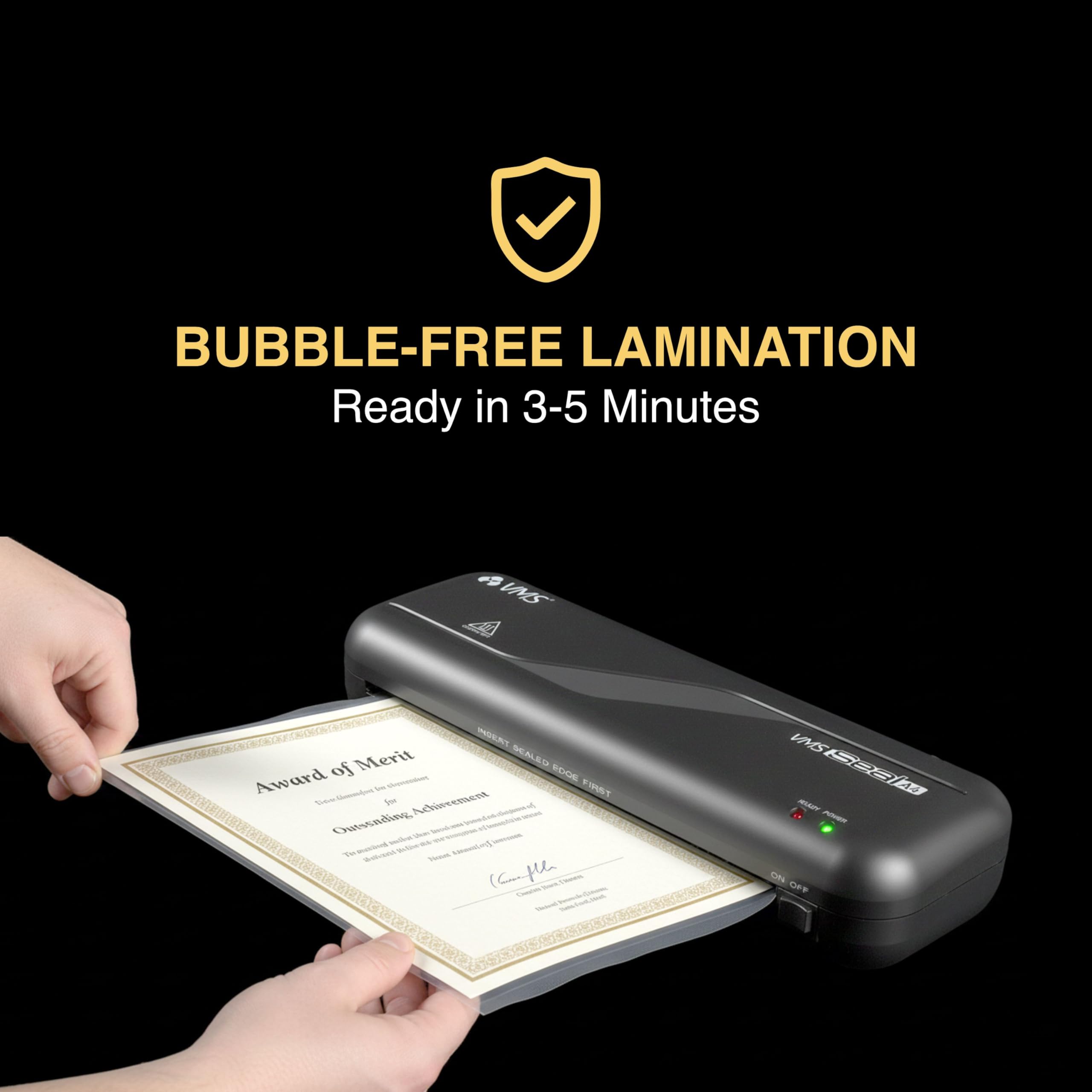 VMS Máquina laminadora de sello, A4, obstrucción ABS, 140-250 micrones, calentamiento rápido en 3-5 minutos, tecnología sin burbujas, pantalla LED, para uso comercial en el hogar