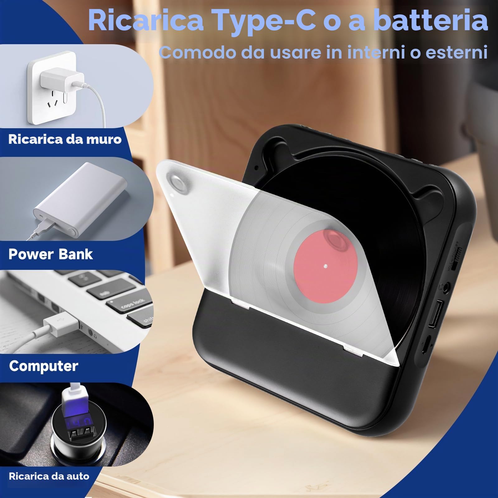Lettore CD Portatile con Bluetooth 5.3 - Lettore CD per Bambini con Batteria da 2000 mAh, USB, Riproduzione MP3, connessione AUX - incl. Cuffie - per Auto, Viaggi e cameretta dei Bambini