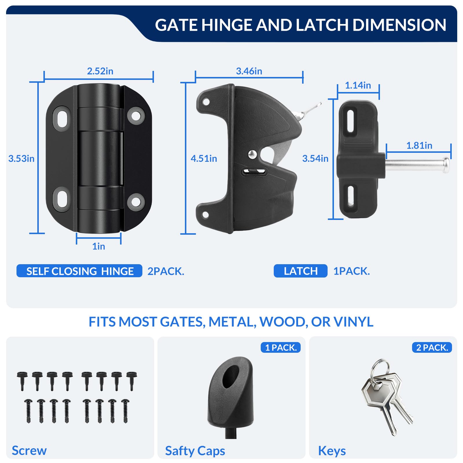 Egadis Charnières de portail à fermeture automatique de qualité supérieure avec loquet verrouillable à clé | Kit de quincaillerie pour portail extérieur robuste pour terrasse, porche, portails de cour
